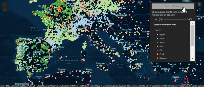 Animation showing power plants in Europe clustered by fuel type. As the user slides the slider thumb, the clusters change in color and size, reflecting the features complying with the underlying filter.