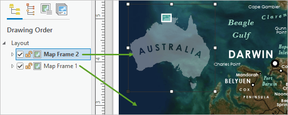 Map Frame 1 contains the main map while Map Frame 2 contains the locator map