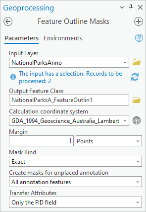Feature Outline Masks tool with parameters filled
