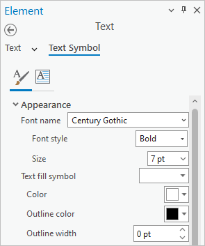 Properties for map area text are set to Century Gothic Bold 7pt white