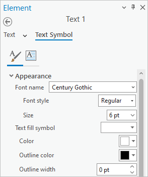 Text Symbol properties set to Century Gothic Regular 6pt white