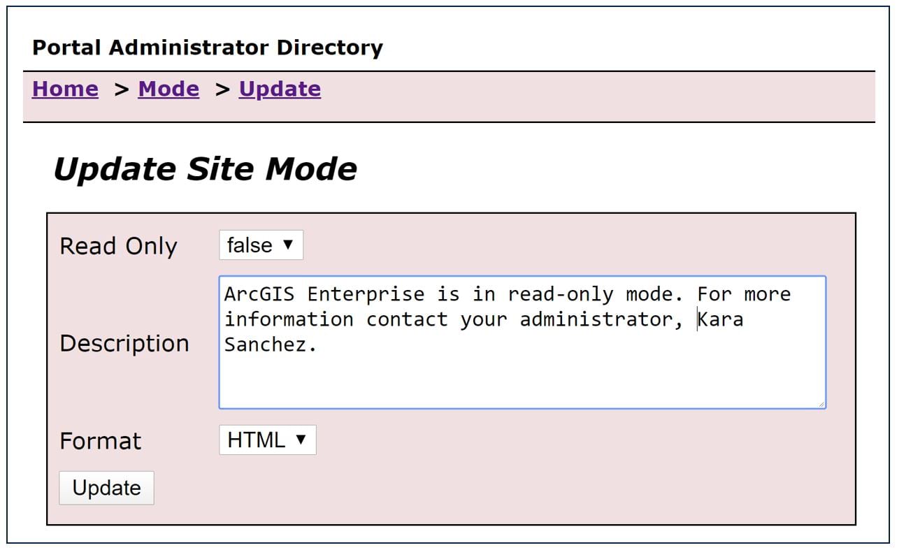 The REST API where an administrator can set ArcGIS Enterprise as read only. The REST API where an administrator can set ArcGIS Enterprise as read only.
