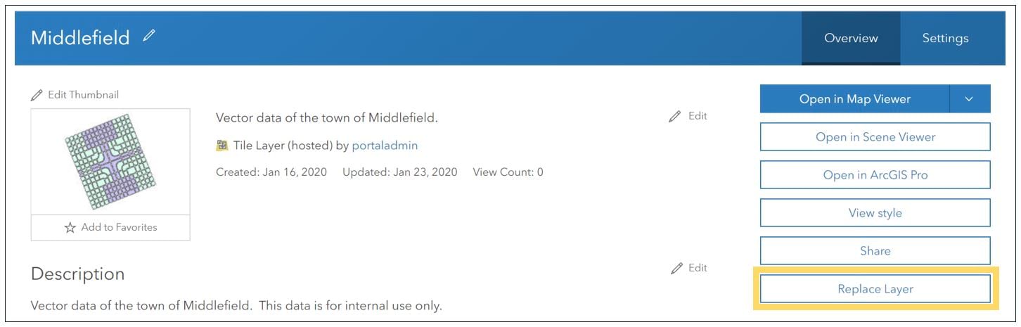 Image of an item details page with the replace layer button Image of an item details page with the replace layer button