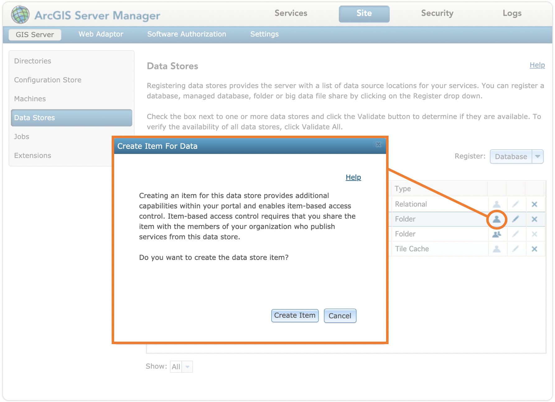 The option in Server Manager to create a data store item from existing folder or database.