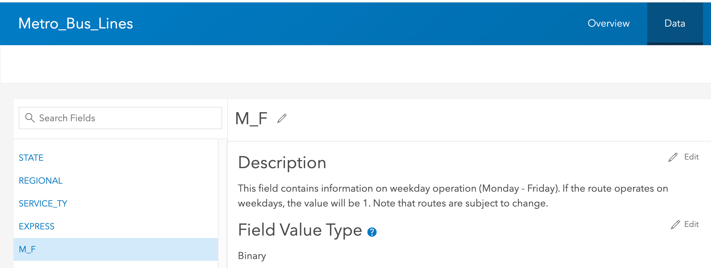 A screenshot of field descriptions and value types.