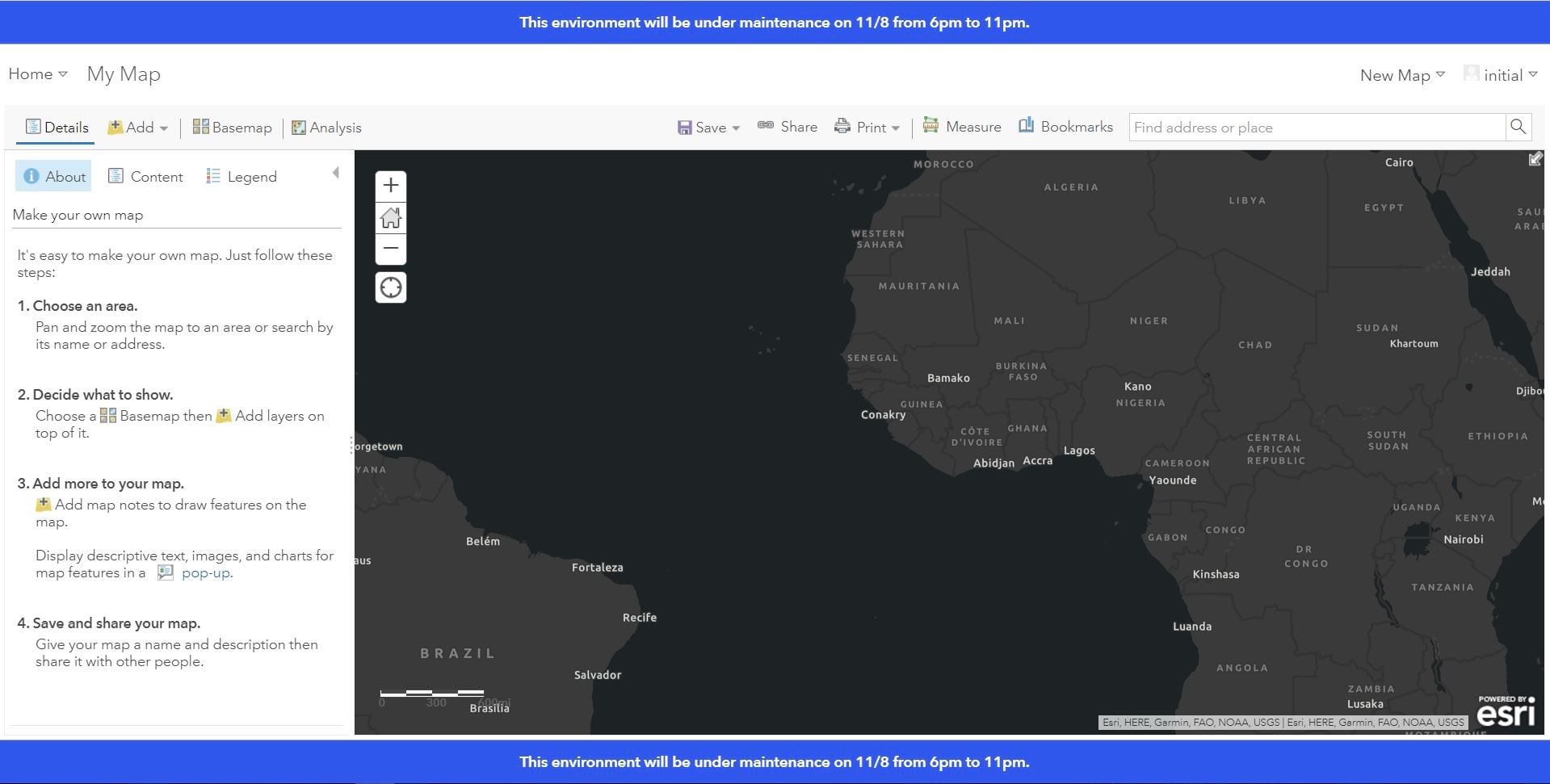 A map in ArcGIS Enterprise with an information banner signaling that the environment will be under maintenance.