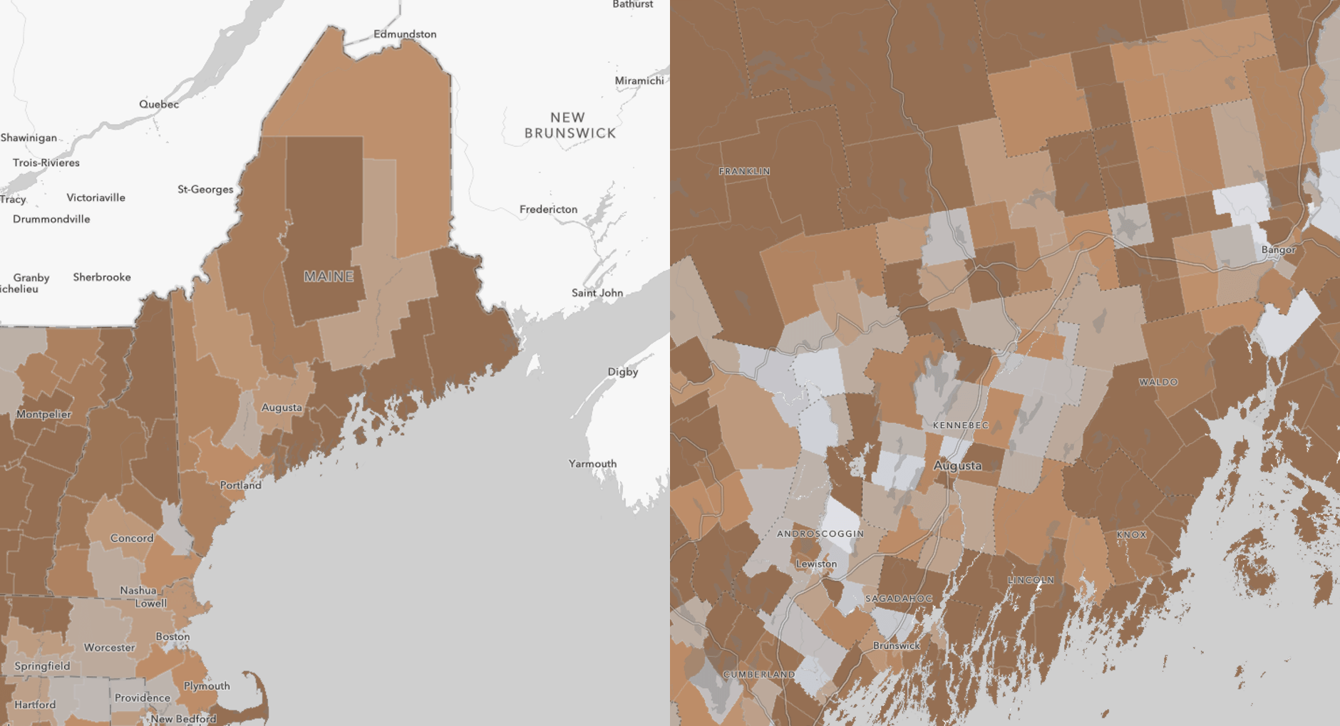 County- and tract-level maps showing the share of Maine's workers who are age 65 and over in dark orange. County- and tract-level maps showing the share of Maine's workers who are age 65 and over in dark orange.