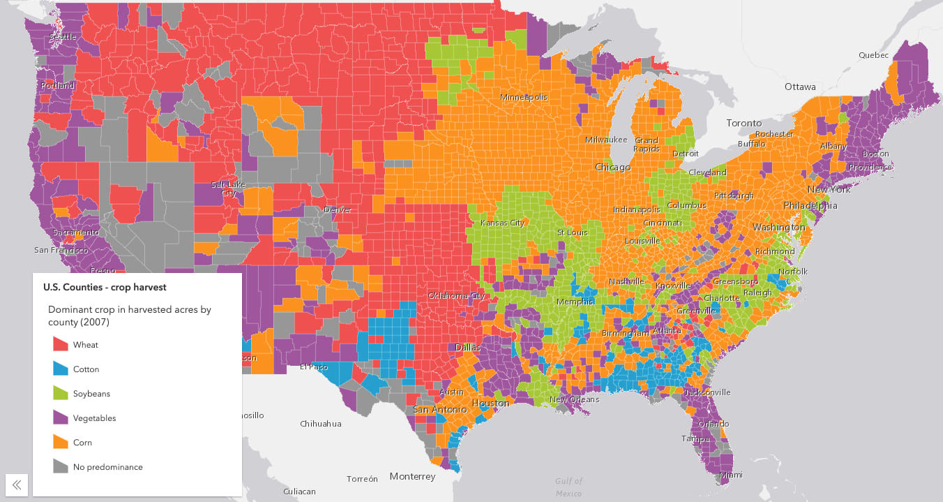 Map of the United States counties colored by the predominant crop harvested in each county. Each color comes from the Metro Movement ramp in the Esri color ramps page.