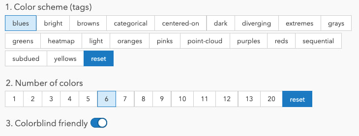 UI buttons for filtering color ramps on the Esri Color ramps page.