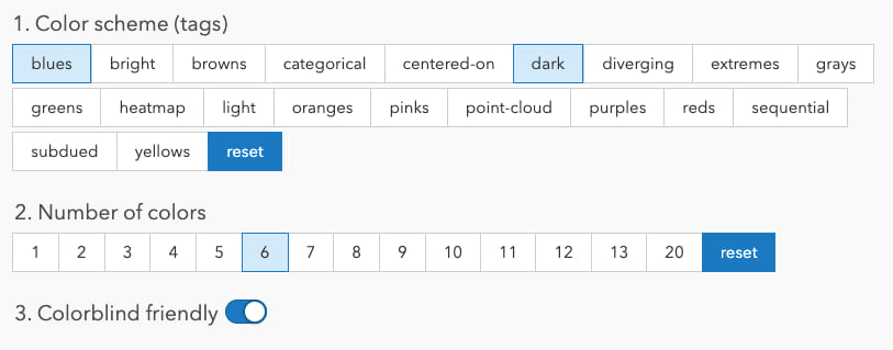 UI buttons for filtering color ramps on the Esri Color ramps page.