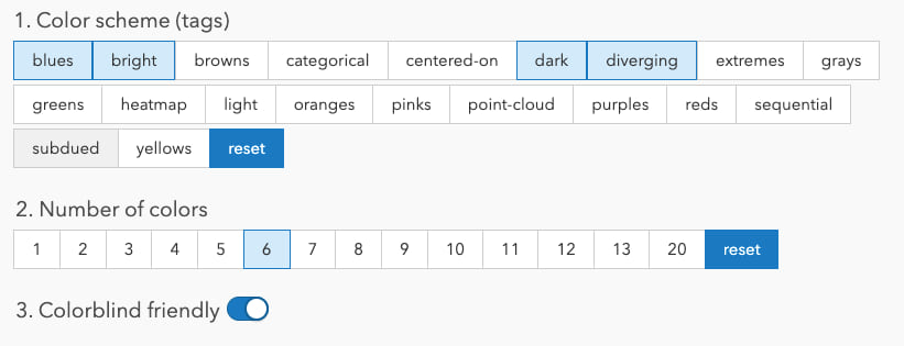 UI buttons for filtering color ramps on the Esri Color ramps page.