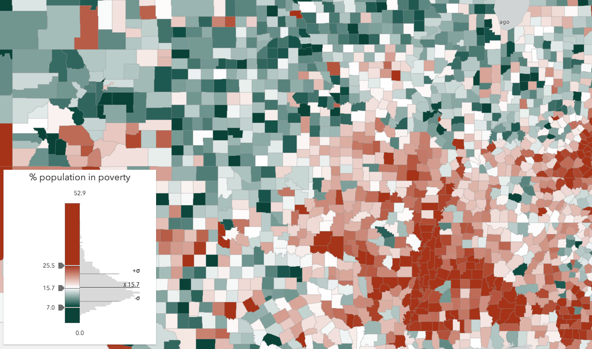 U.S. counties colored by the percentage of the population that lives in poverty. The colors used here also come from the Esri color ramps but were pre-selected in a smart mapping workflow.