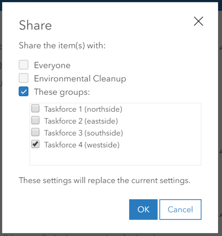 Dialog for sharing an item with Everyone, the Enterprise portal, or groups. A group is selected. Dialog for sharing an item with Everyone, the Enterprise portal, or groups. A group is selected.