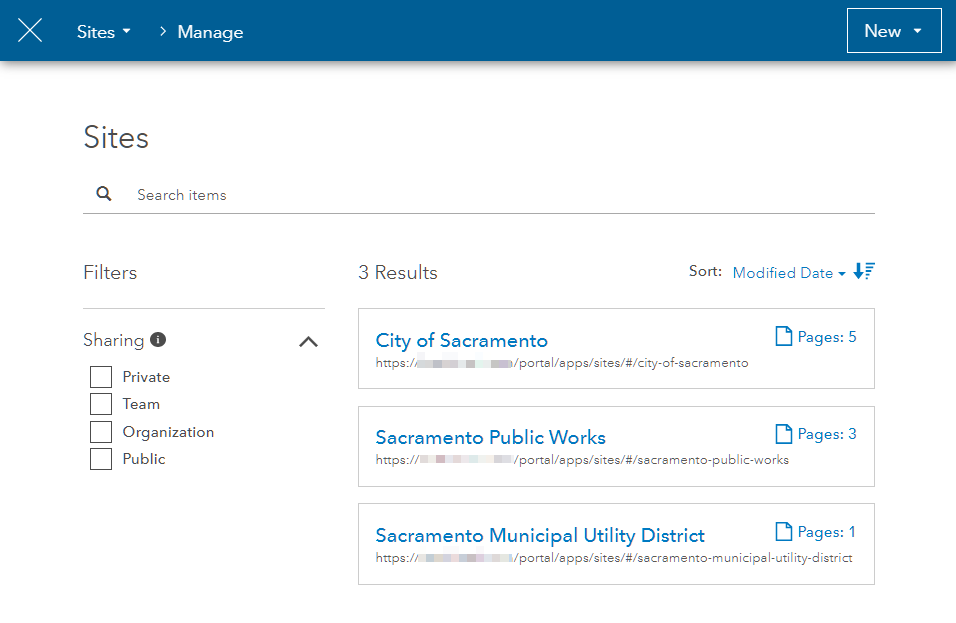 The overview page displaying all sites. The overview page displaying all sites.