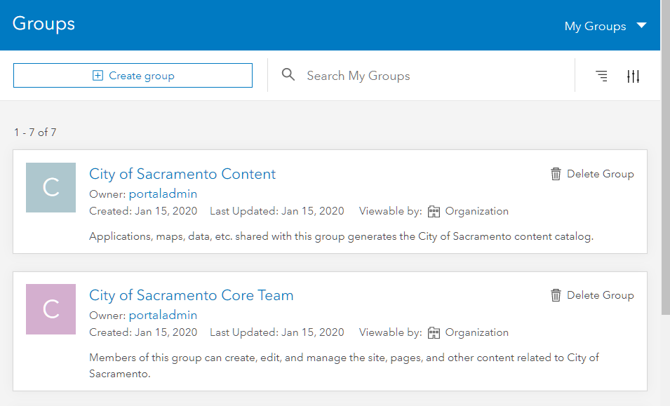 An image showing both groups that are created when a site is created: the core group and the content group.