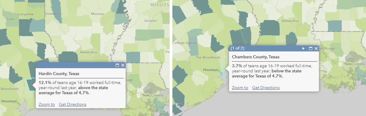 Pop-up for Hardin County: "12.1% of teens age 16-19 worked full-time, year round last year, above the state average for TX of 4.7%." Pop-up for Chambers County: "3.7% of teens age 16-19 worked full-time, year-round last year, below the state average for TX of 4.7%." Pop-up for Hardin County: "12.1% of teens age 16-19 worked full-time, year round last year, above the state average for TX of 4.7%." Pop-up for Chambers County: "3.7% of teens age 16-19 worked full-time, year-round last year, below the state average for TX of 4.7%."