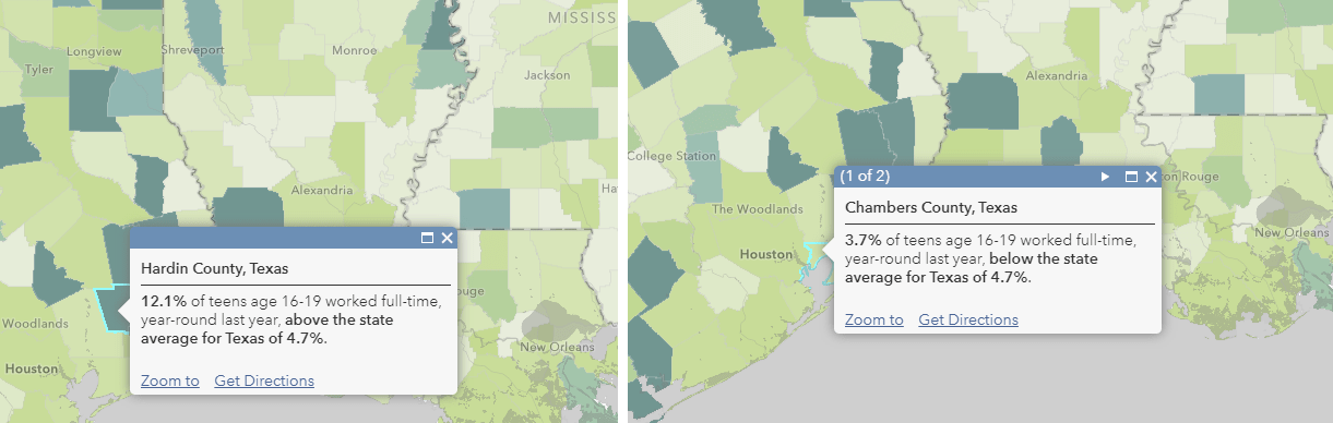 Pop-up for Hardin County: "12.1% of teens age 16-19 worked full-time, year round last year, above the state average for TX of 4.7%." Pop-up for Chambers County: "3.7% of teens age 16-19 worked full-time, year-round last year, below the state average for TX of 4.7%."