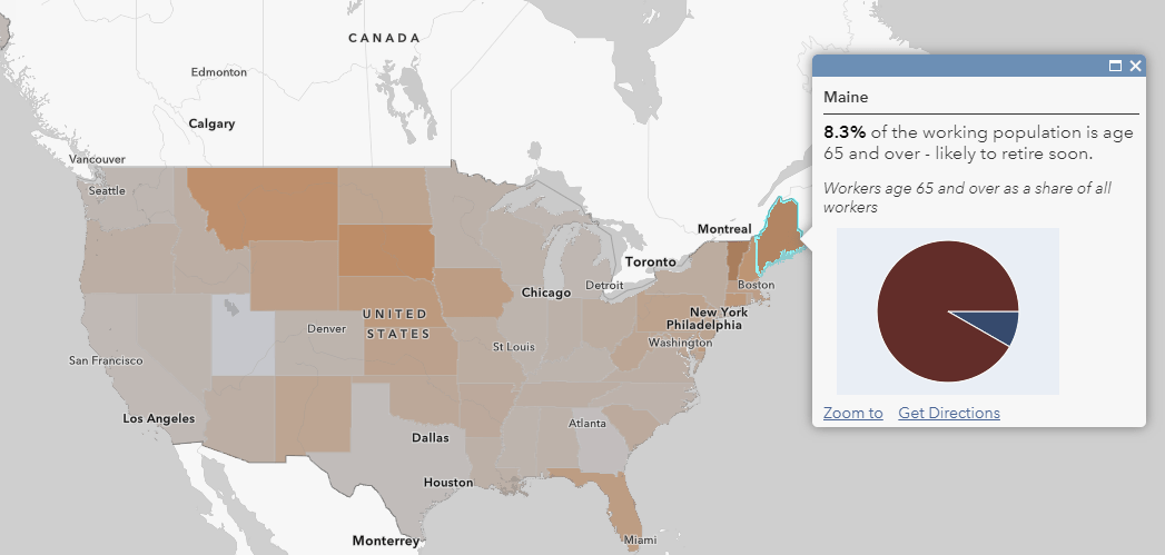 A state-level map with the gray-to-orange color ramp. Pop-up for Maine (symbolized in dark orange) shows that 8.3% of workers here are age 65 and over.