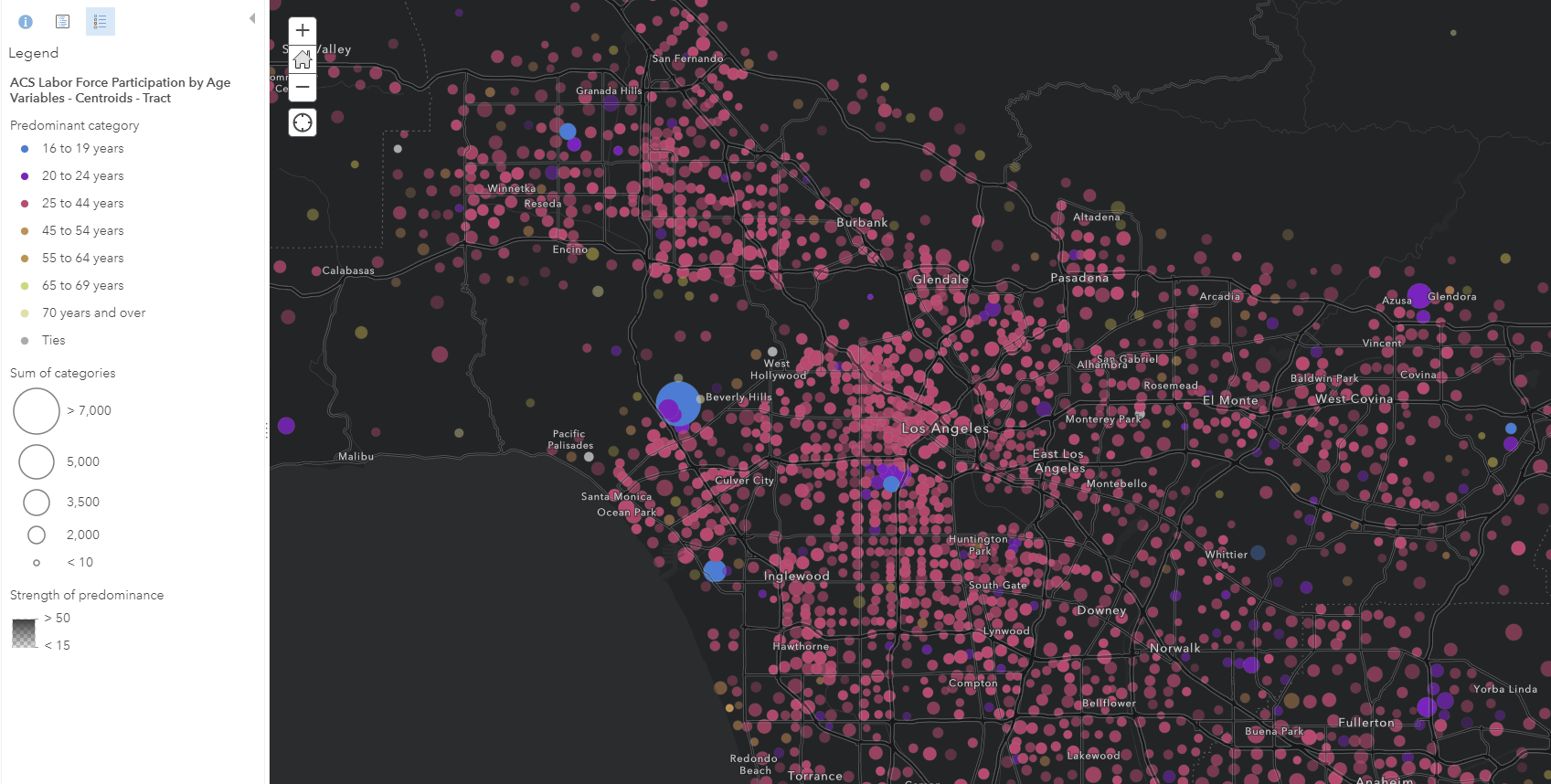 Predominance & size map of tracts in Los Angeles.
