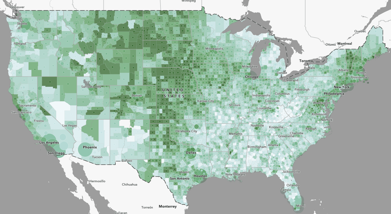 Map of continental US by county with both polygons and points of the same calculated attribute. Map of continental US by county with both polygons and points of the same calculated attribute.