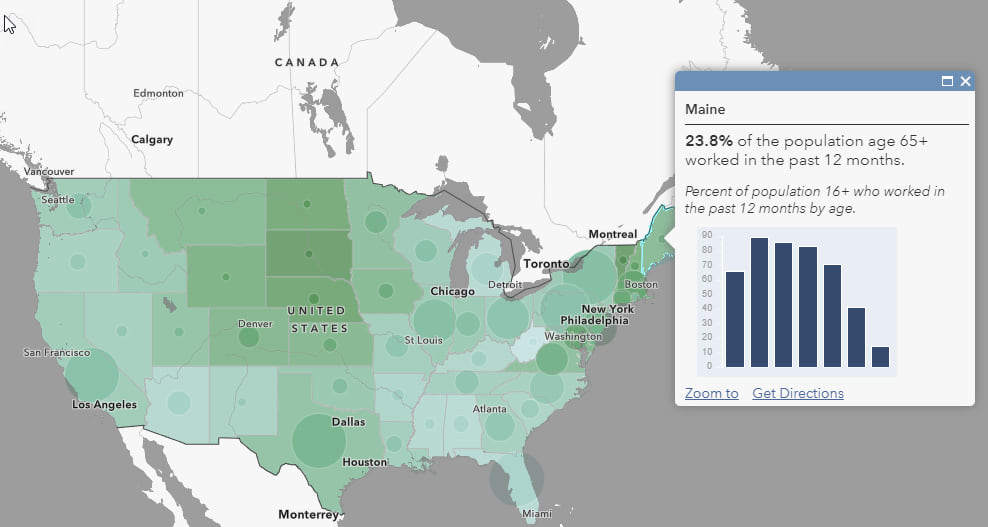 State-level map with pop-up for Maine showing that 23.8% of people age 65 and over are working. State-level map with pop-up for Maine showing that 23.8% of people age 65 and over are working.