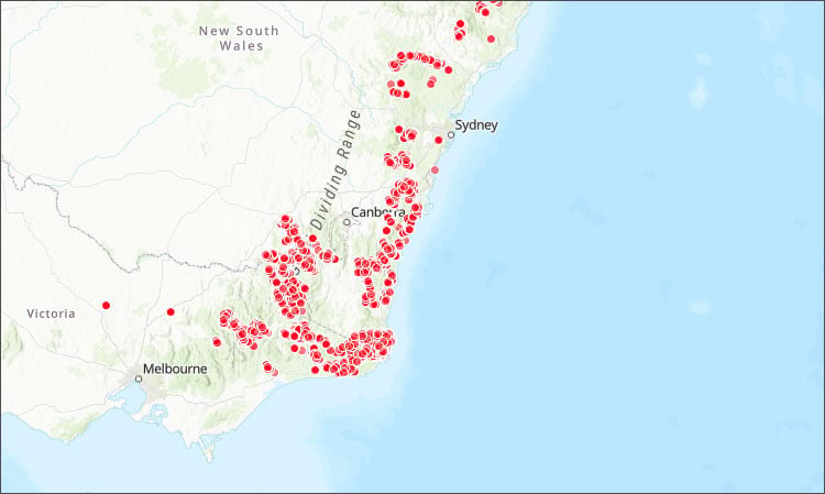 Map showing Melbourne to Sydney