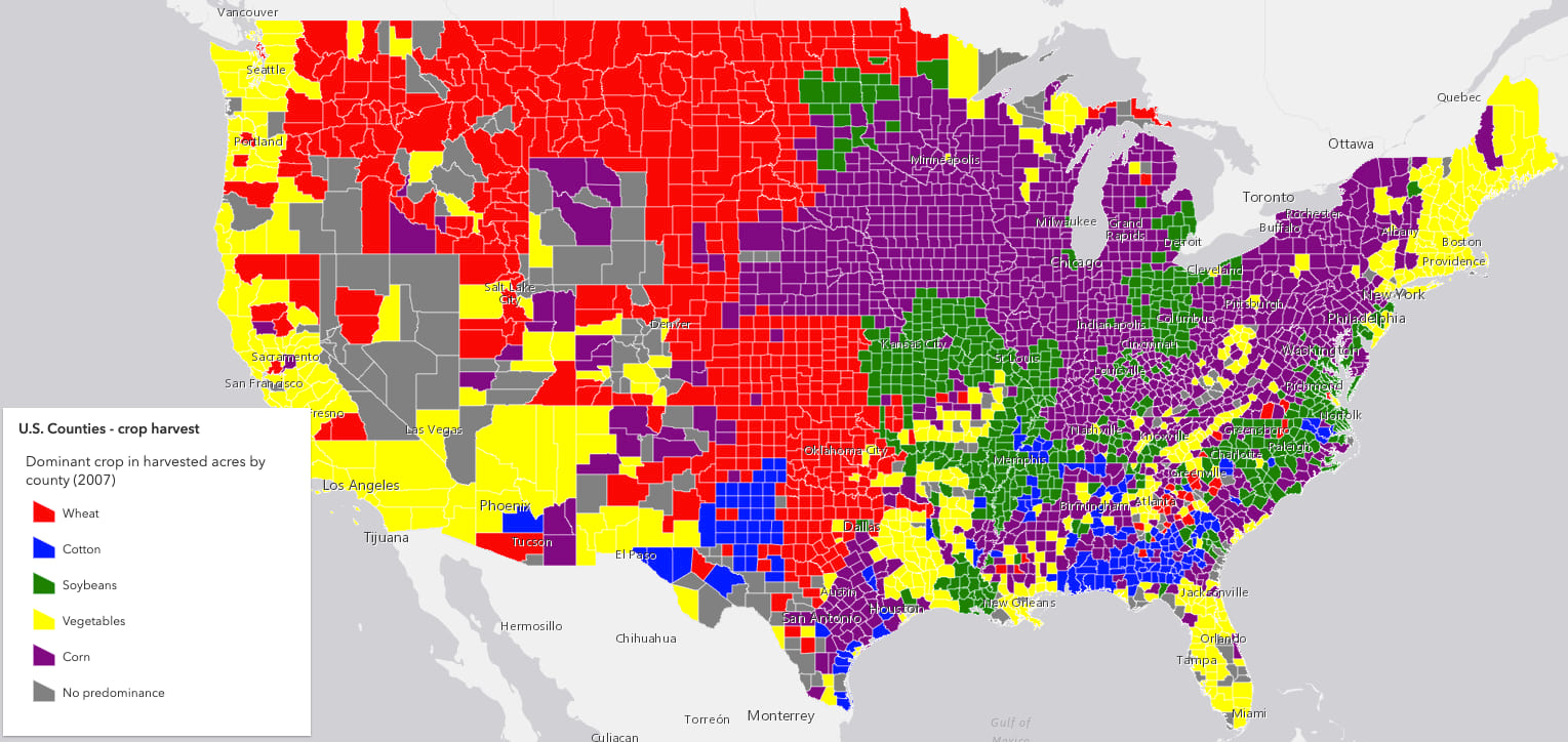 Map of the United States counties colored by the predominant crop harvested in each county. Each color is well known, such as "red", "purple", etc. However, they don't look visually appealing.