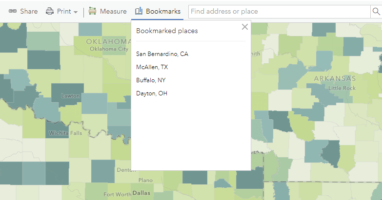 Bookmarked places include San Bernardino, CA; McAllen, TX; Buffalo, NY; Dayton, OH.