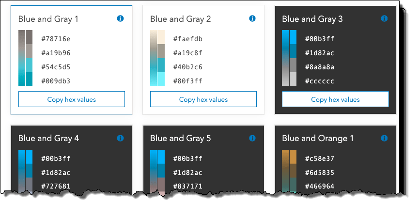The Esri color ramps page displaying several color ramps that can be easily copied to the clipboard. The Esri color ramps page displaying several color ramps that can be easily copied to the clipboard.