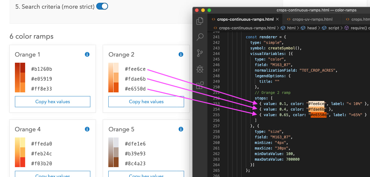 Arrows pointing where to copy and past colors from the Esri color ramps page to the relevant location within the code of an app.