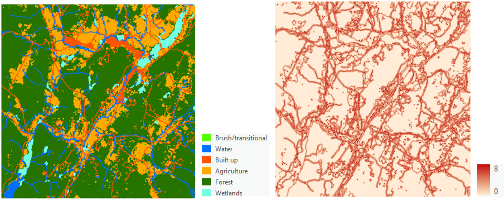 The figure on the left shows the input land use raster dataset. The figure on the right shows the output raster with values ranging from 0 to 8, which counts the number of neighboring cells that have a different value from the center cell.