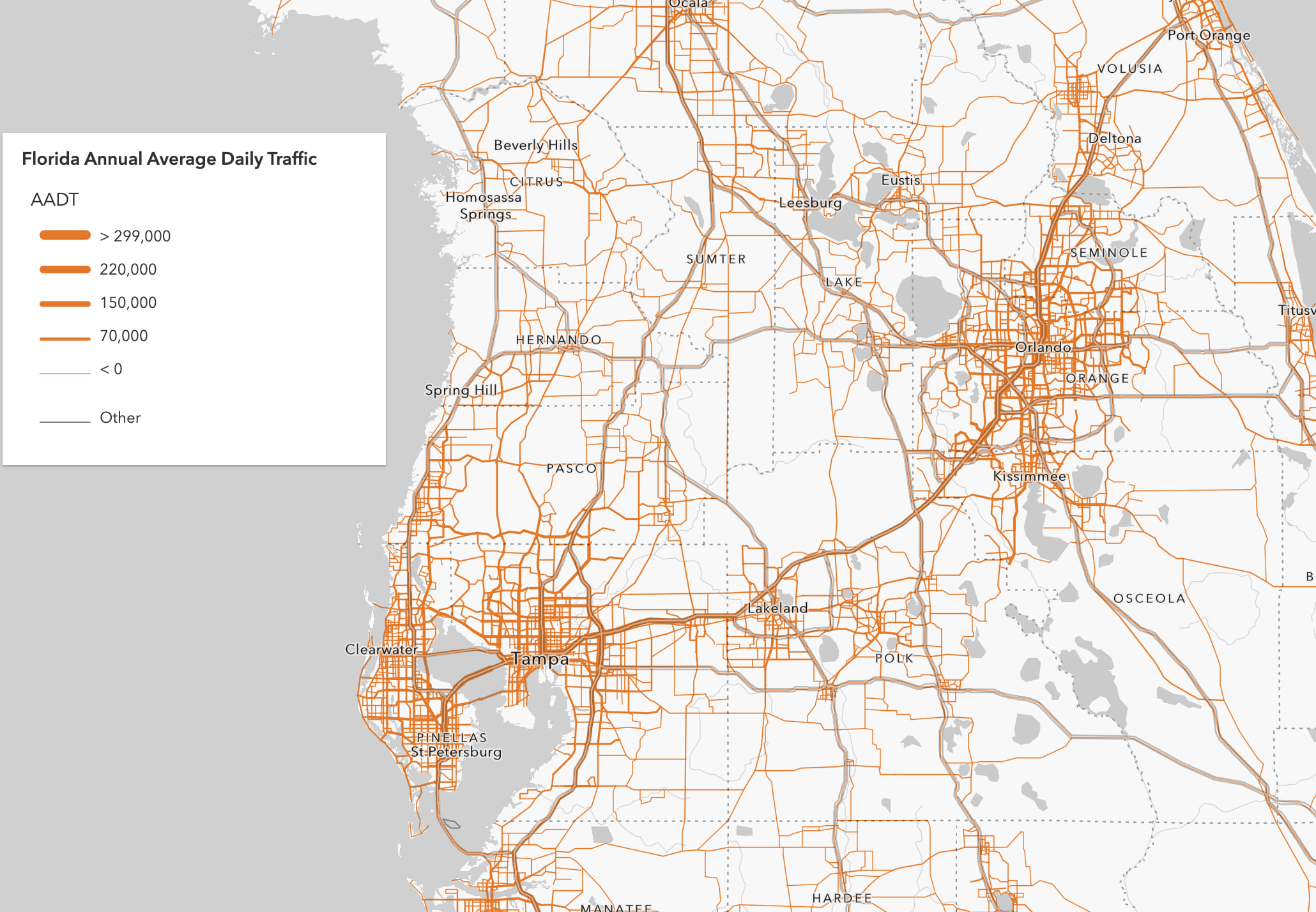 Annual average daily traffic on Florida highways. Thicker lines indicate heavier traffic.