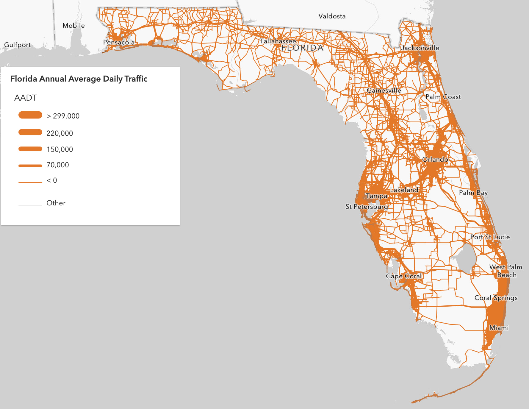 Annual average daily traffic on Florida highways. This line thickness works better when zoomed in, but degrades when zoomed out.