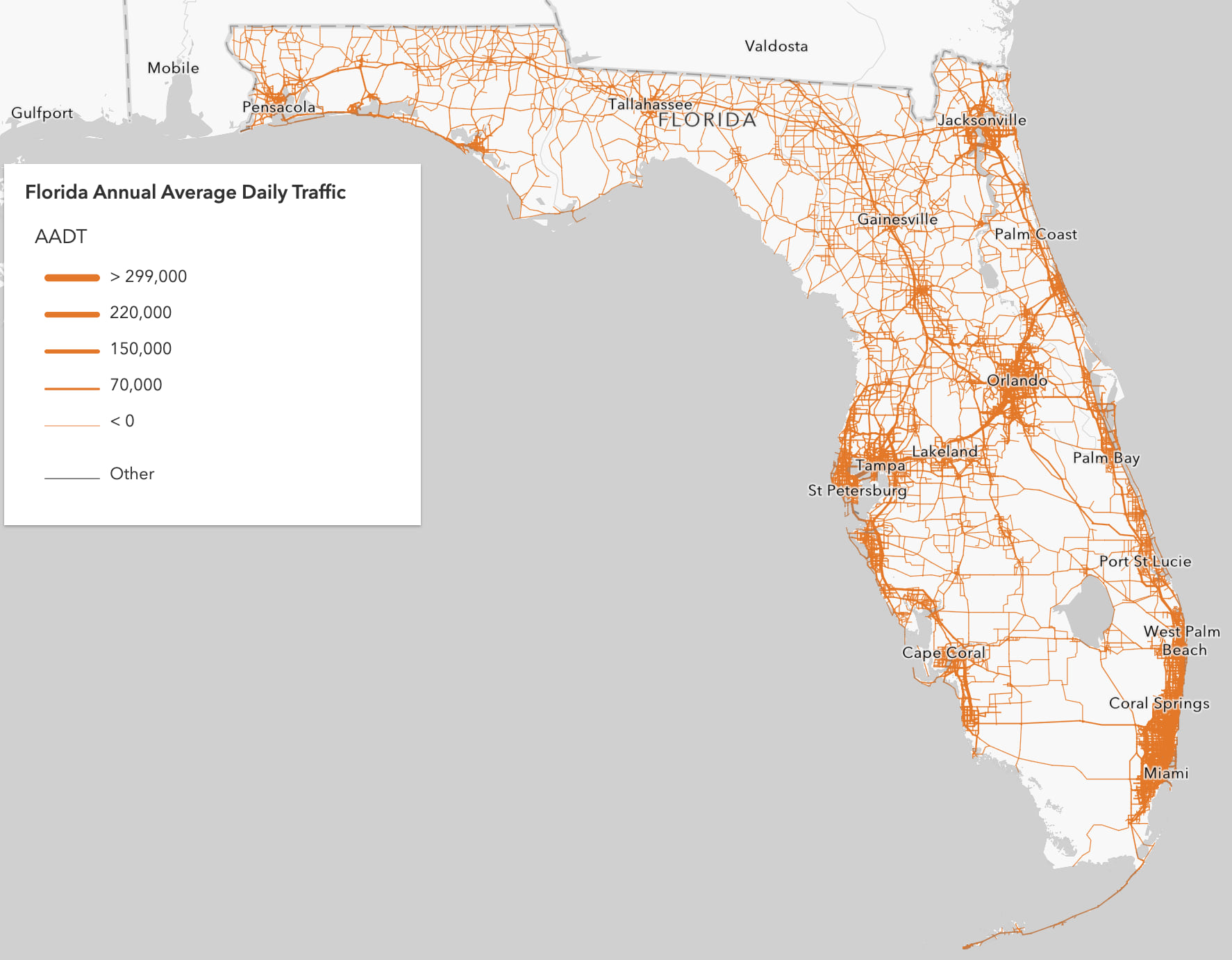 Annual average daily traffic on Florida highways. Thicker lines indicate heavier traffic. The thickness of each line shrinks as you zoom out.