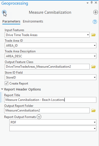 Measure Cannibalization tool with parameters set to output overlap on Drive Time Trade Areas and Create Report Check On.