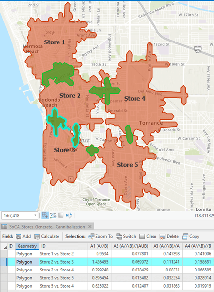 Five four minute drive time trade areas with areas of overlap and the Output Feature Class from the Measure Cannibalization tool, which contains polygons representing overlap. Five four minute drive time trade areas with areas of overlap and the Output Feature Class from the Measure Cannibalization tool, which contains polygons representing overlap.