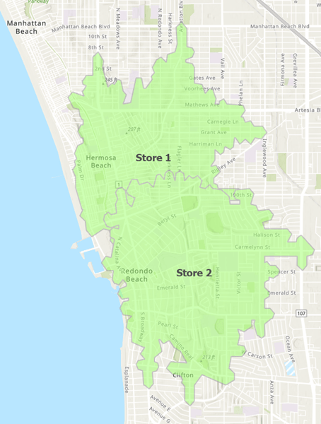 Map showing two drive time trade areas that are partially overlapping