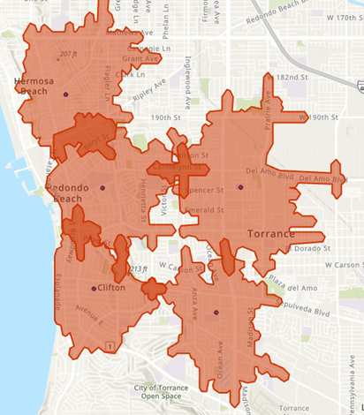 Five Stores with four minute drive time trade polygons as trade areas, which overlap one and other.