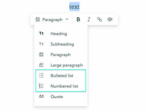 The bulleted and numbered list options highlighted in the StoryMaps text editor The bulleted and numbered list options highlighted in the StoryMaps text editor
