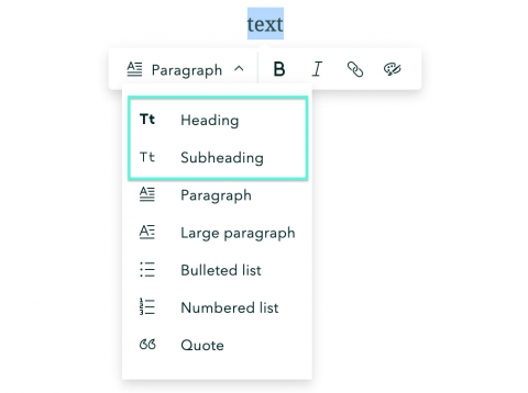The heading and subheading options highlighted in the StoryMaps text editor The heading and subheading options highlighted in the StoryMaps text editor