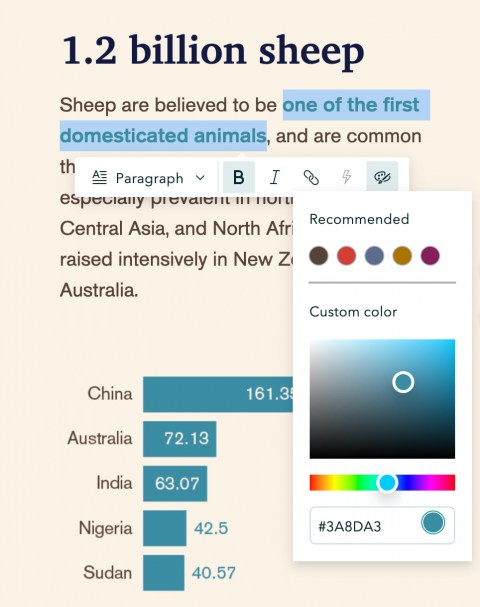 The story builder's text editor with options for custom color and bolded text enabled The story builder's text editor with options for custom color and bolded text enabled