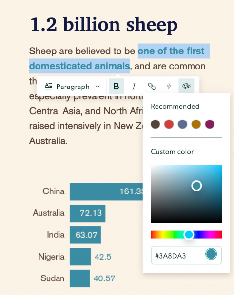 The story builder's text editor with options for custom color and bolded text enabled