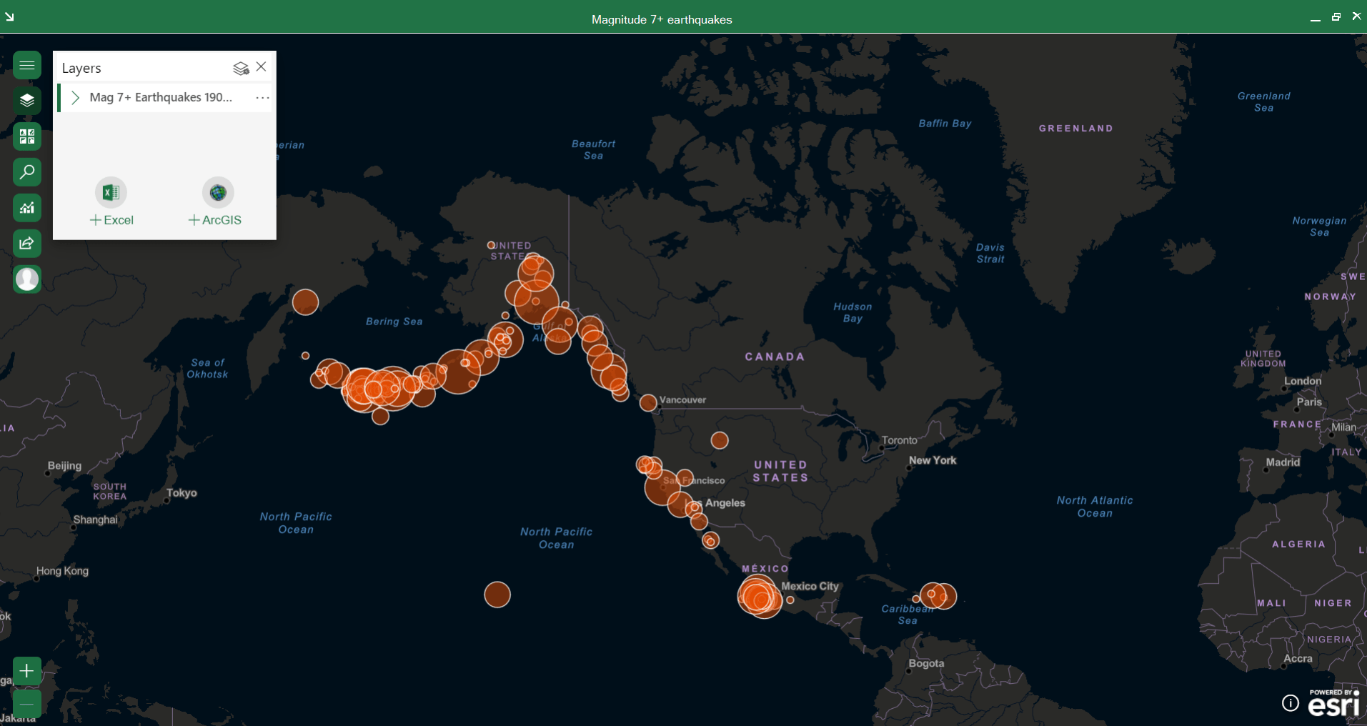 Map showing North American earthquakes in ArcGIS for Office