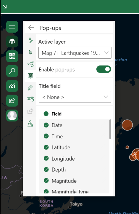 Pop-up settings window in ArcGIS for Office