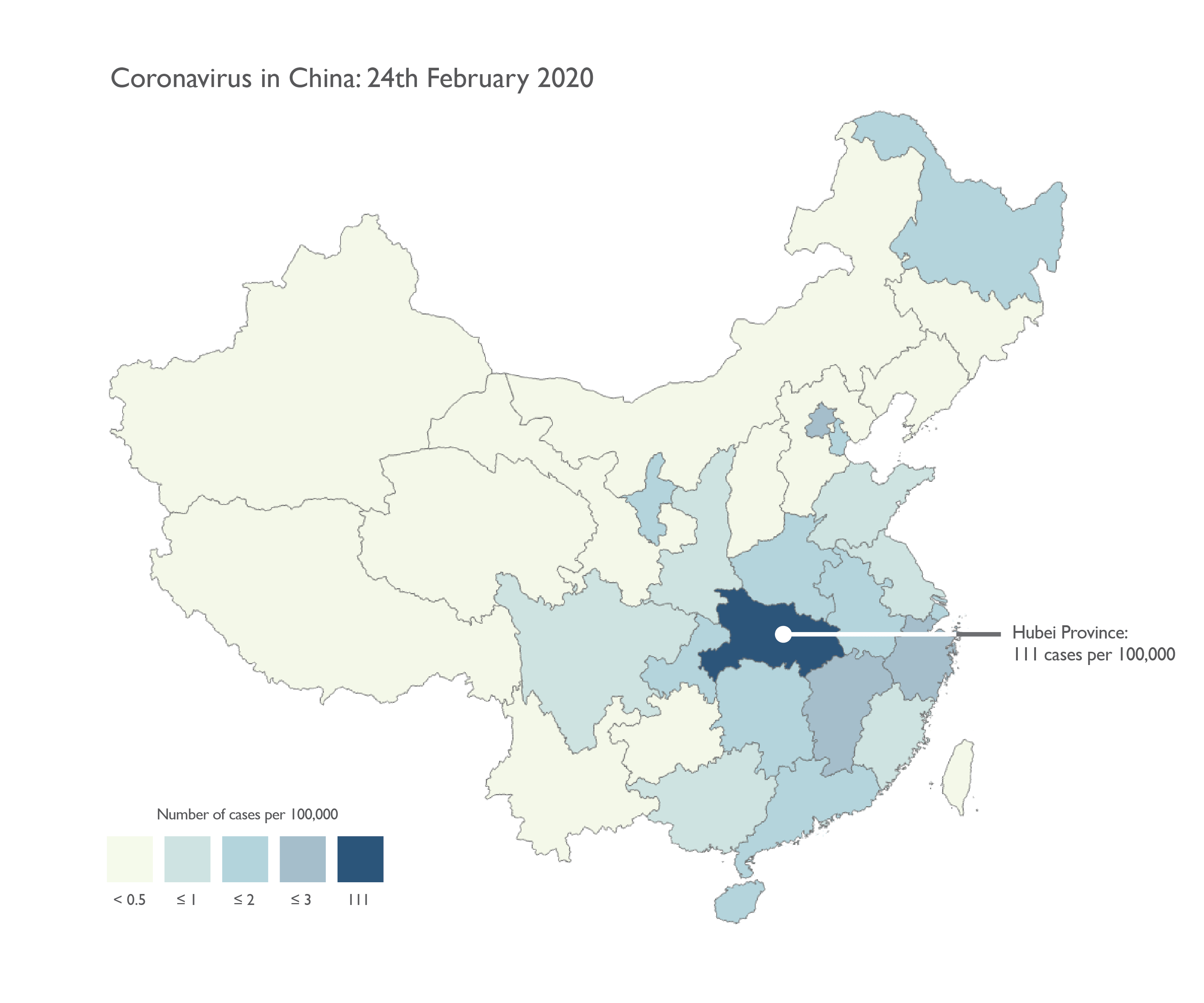 blue map of China showing number of coronavirus cases per 100,000 people by province