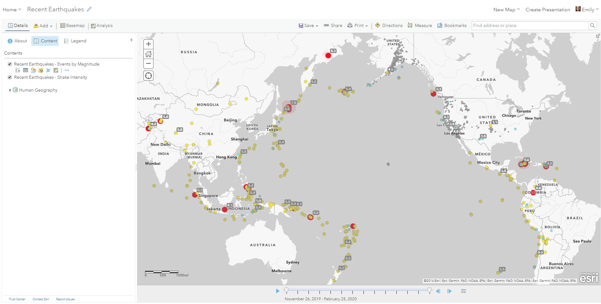 Screen shot of the new earthquake layer on a light gray basemap. Screen shot of the new earthquake layer on a light gray basemap.