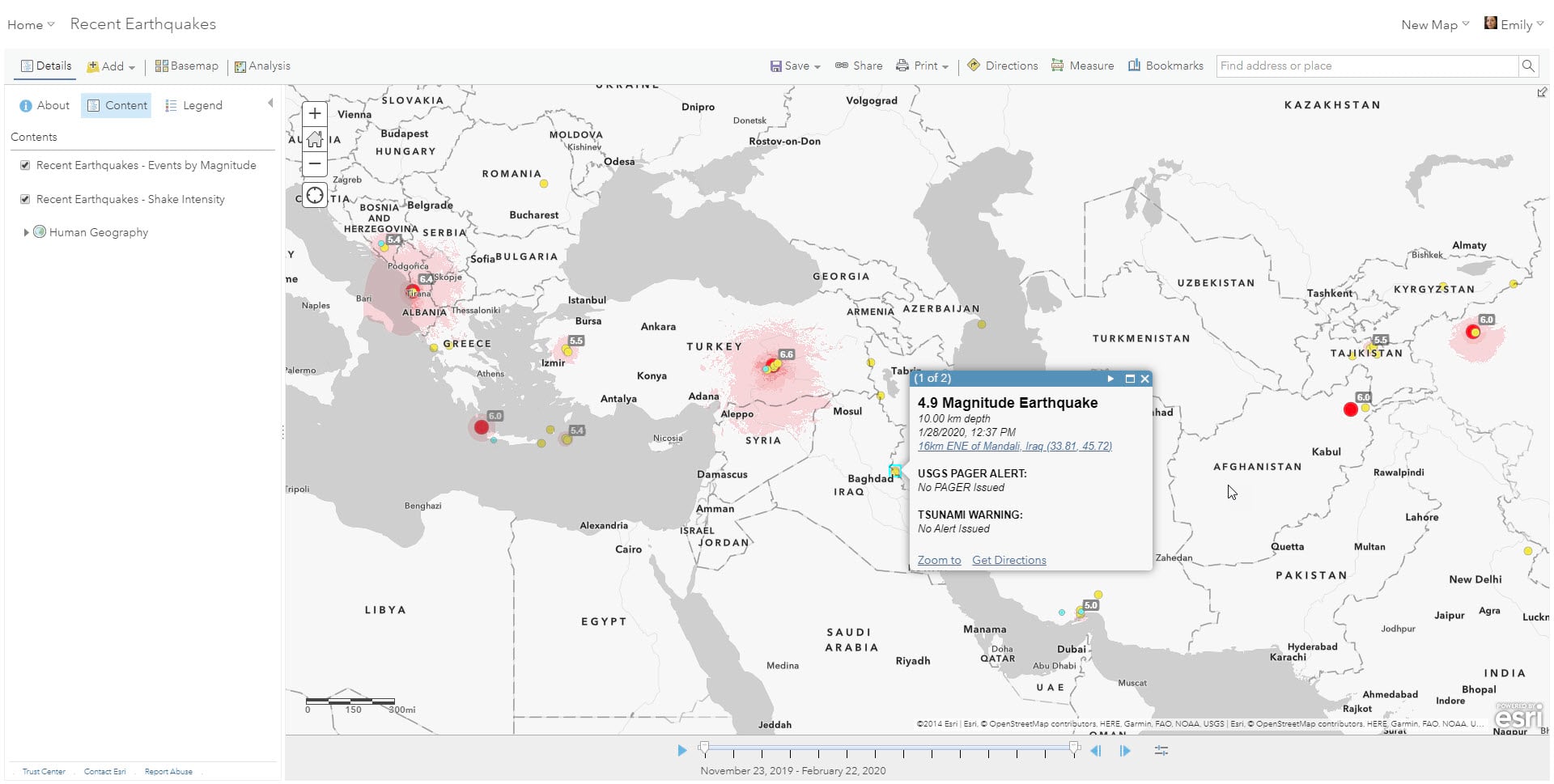 Zoom-in of new earthquake map showing shake intensity and a pop-up. Zoom-in of new earthquake map showing shake intensity and a pop-up.
