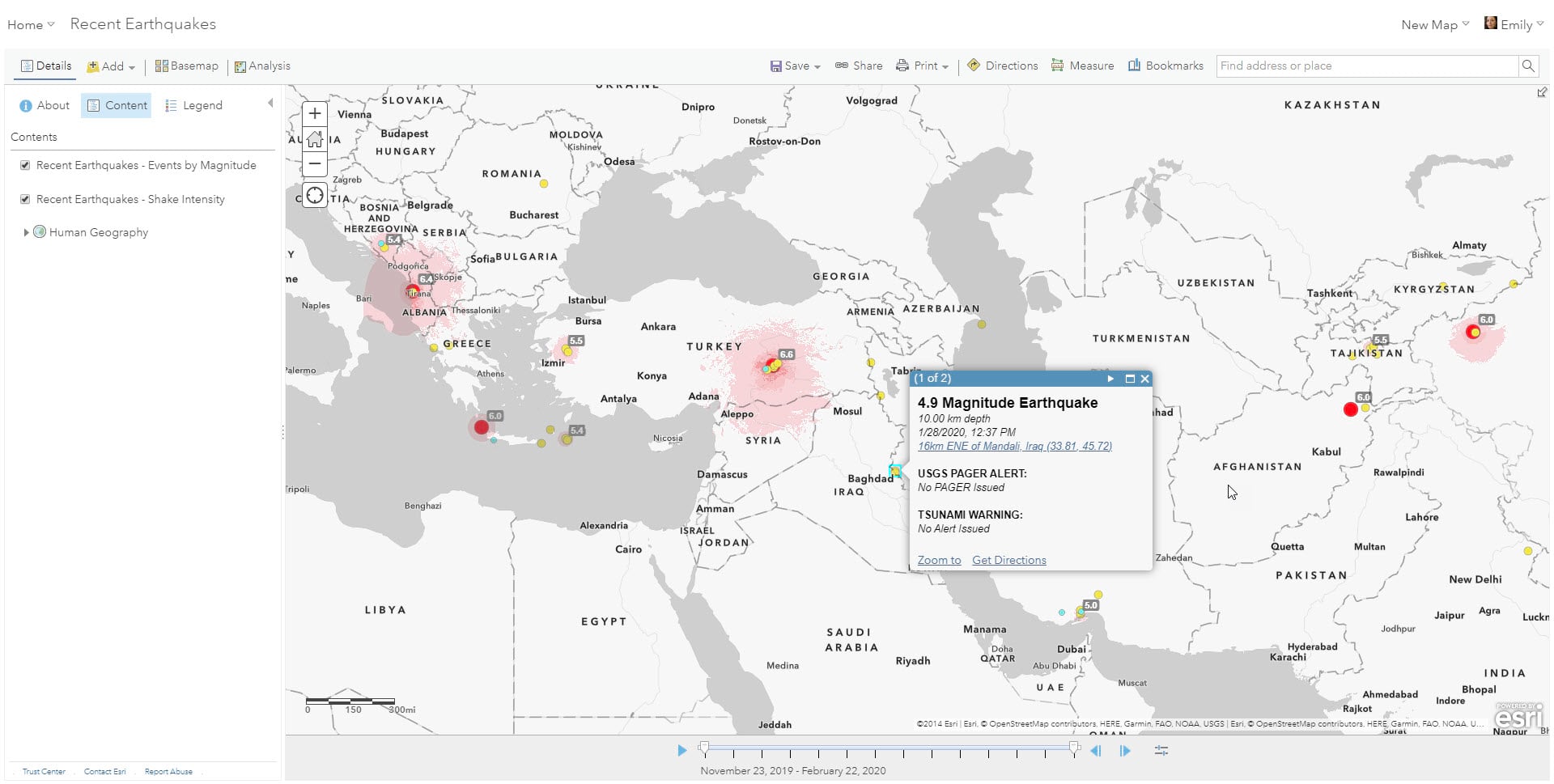 Zoom-in of new earthquake map showing shake intensity and a pop-up.