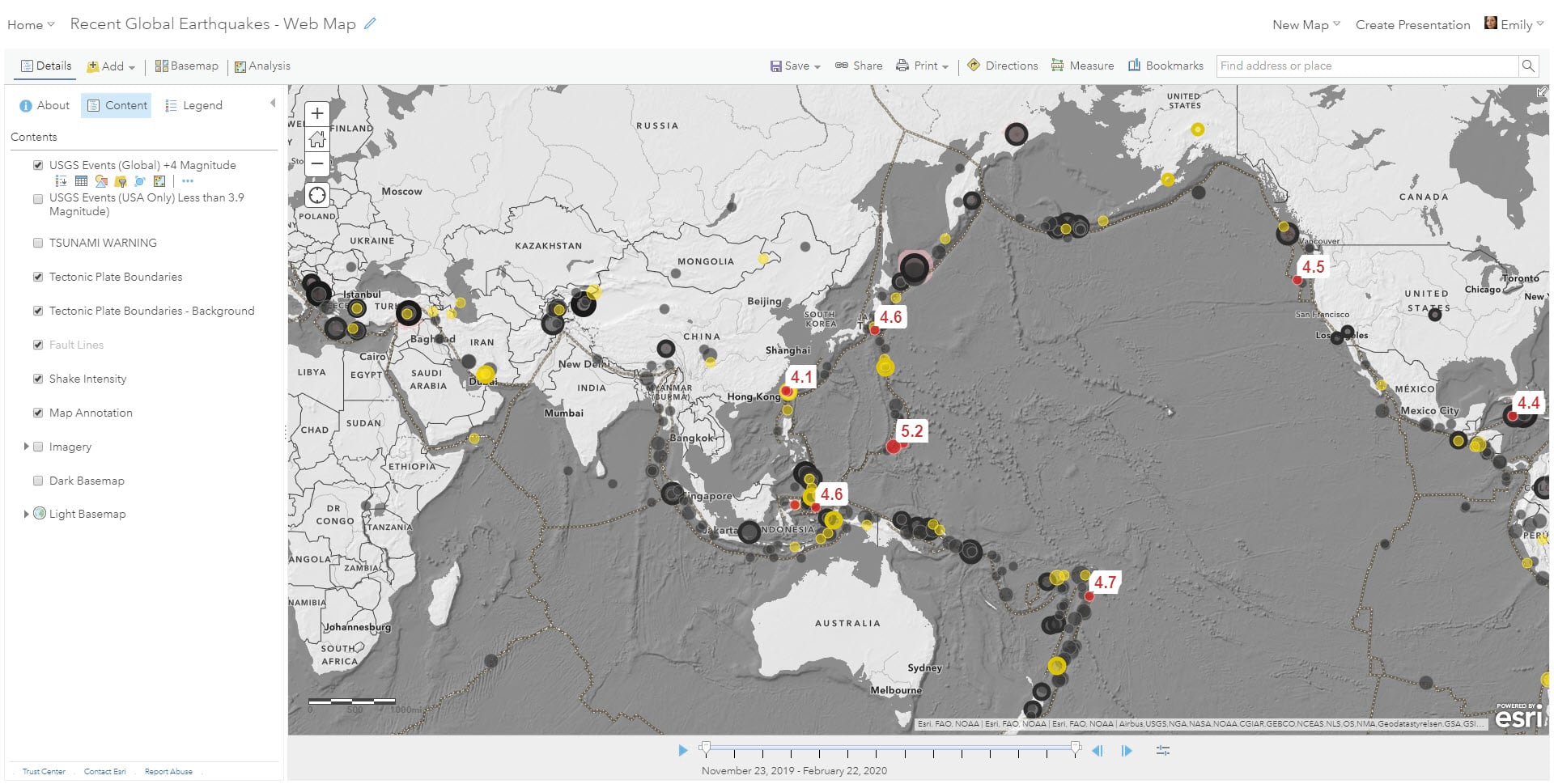 Screen shot of another version of the earthquake layer with time, magnitude, and alert level cartographically displayed. Screen shot of another version of the earthquake layer with time, magnitude, and alert level cartographically displayed.