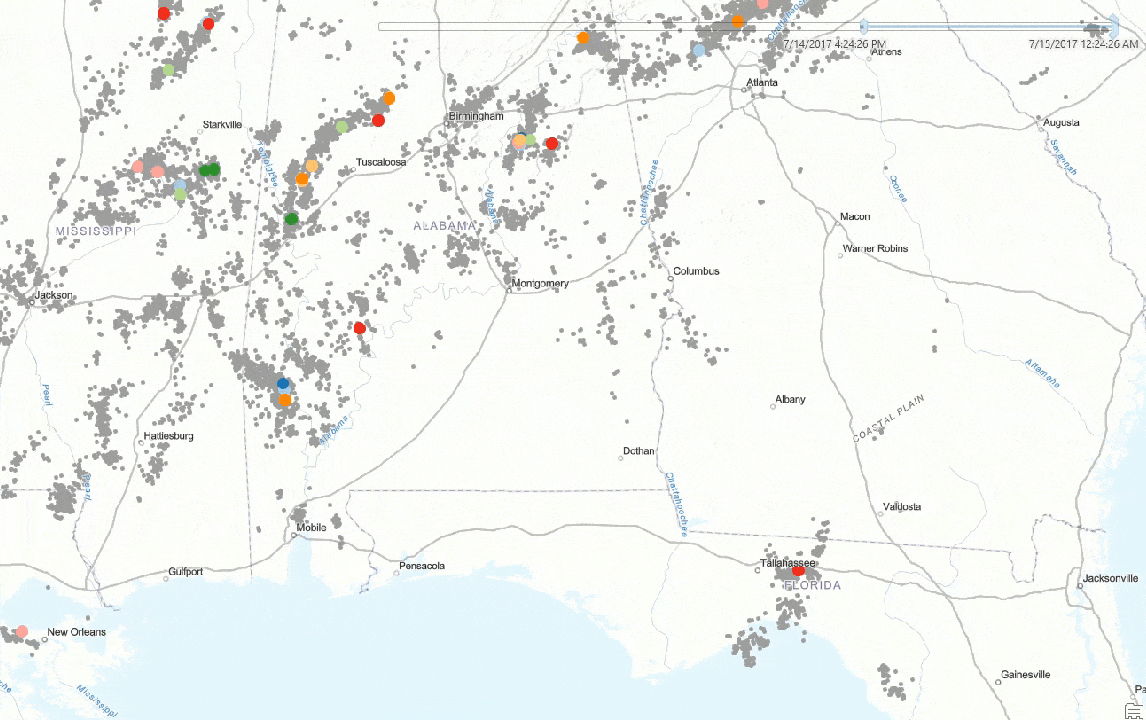 Animation showing clusters of lightning strike locations through time